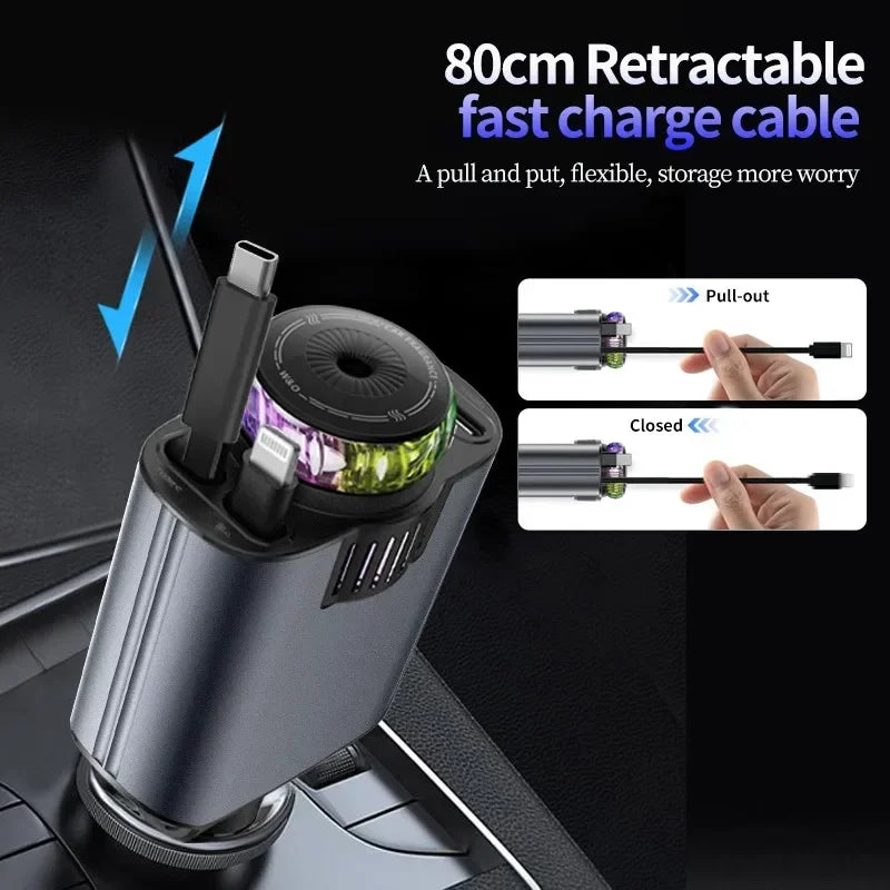 5-in-1 Retractable Car Charger with Fast Charging and Starlight Aromatherapy