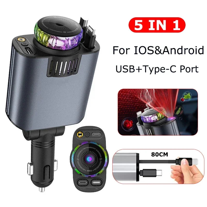 5-in-1 Retractable Car Charger with Fast Charging and Starlight Aromatherapy