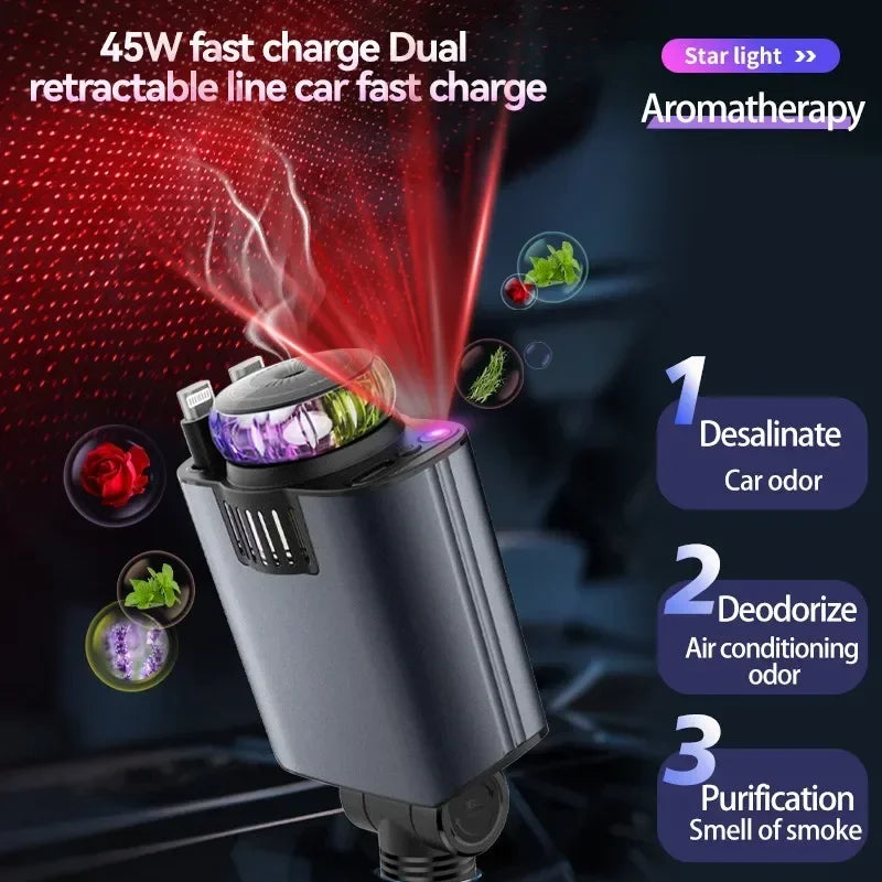 5-in-1 Retractable Car Charger with Fast Charging and Starlight Aromatherapy