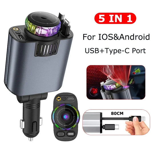 5-in-1 Retractable Car Charger with Fast Charging and Starlight Aromatherapy