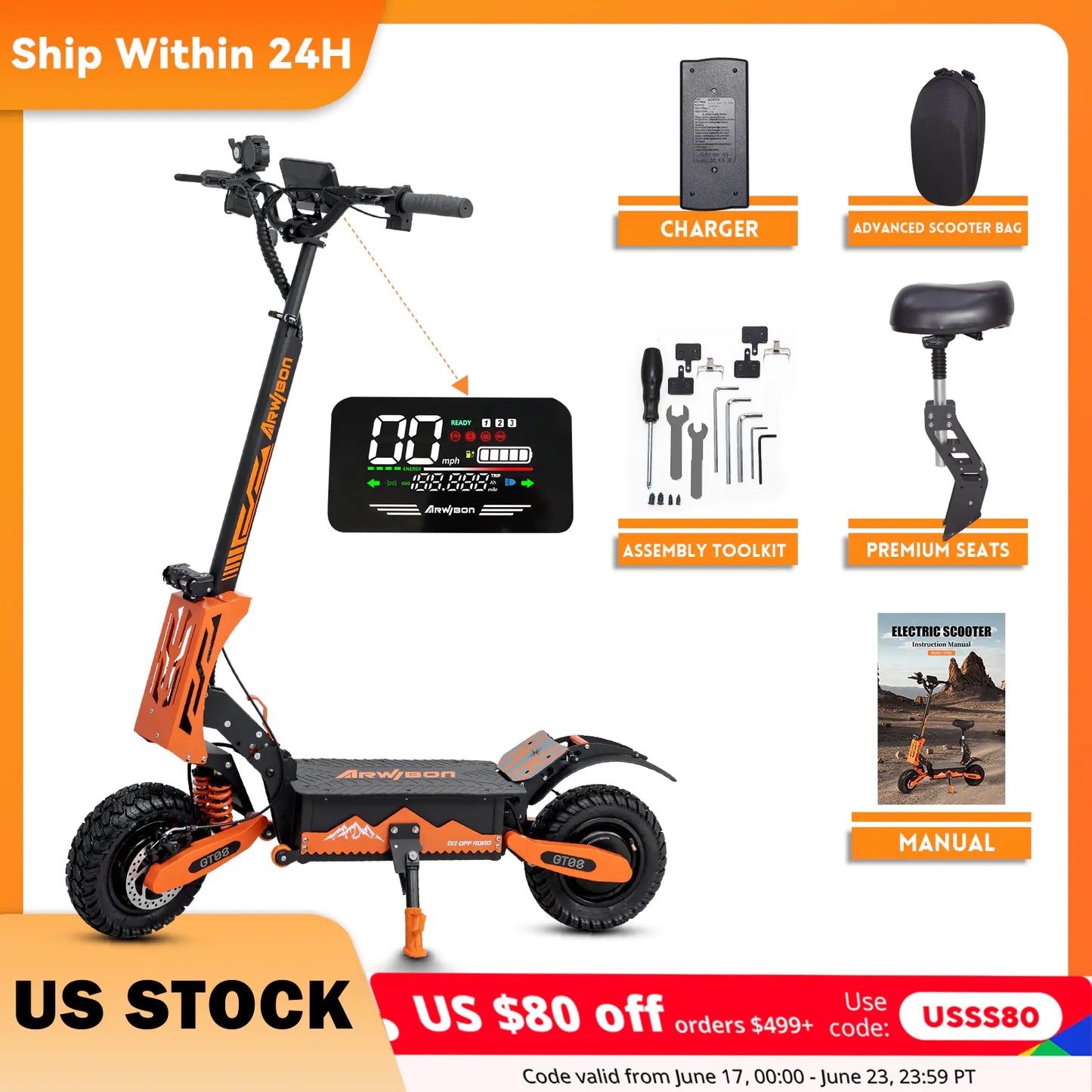 Arwibon Adult Electric Scooter Dual Motor 5600W Maximum Speed 50Mph, 60V27AH ,11-inch Off-road Tires Sport Folding eScooter